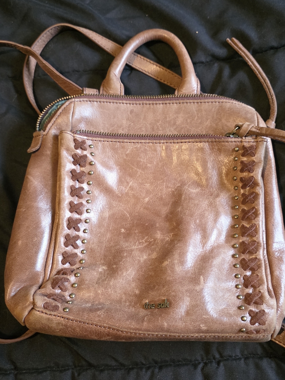 The Sak Tan Leather Backpack with Woven & Stud Accents